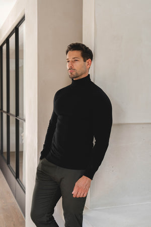 Cotton Blend Roll Neck Jumper in Black