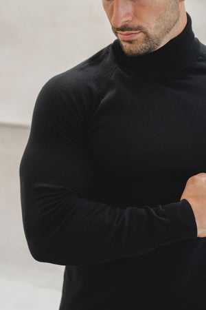 Cotton Blend Roll Neck Jumper in Black