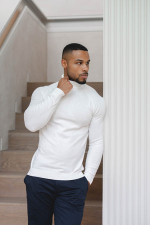 Cotton Blend Roll Neck Jumper in Winter White