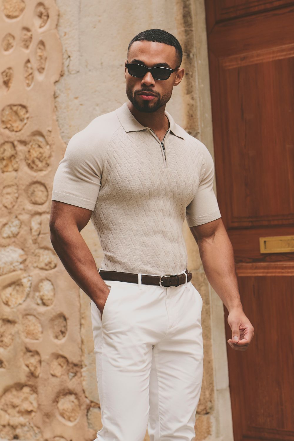Cable Knitted Zip Polo Shirt in Neutral