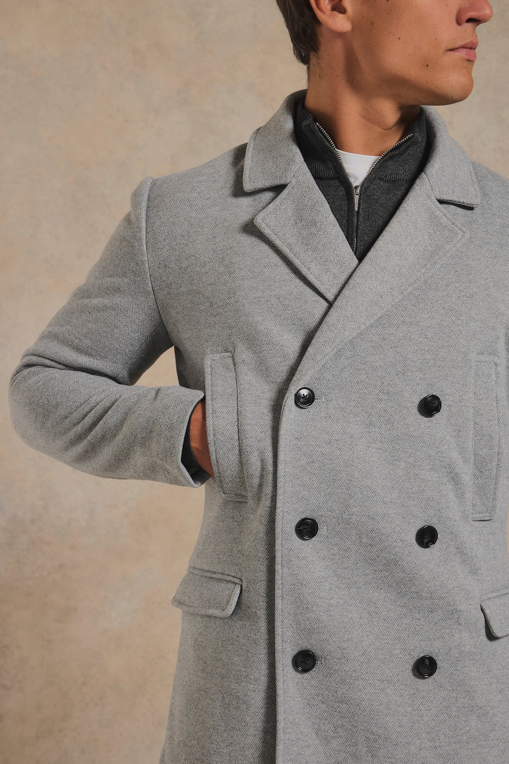 Double Breasted Herringbone Peacoat in Soft Grey