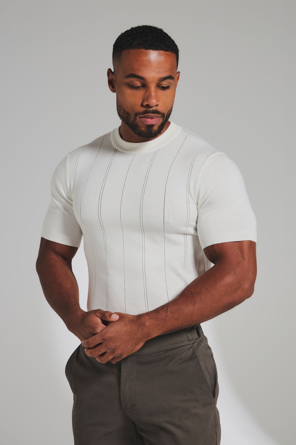 Vertical Stripe Knitted T-Shirt in Chalk