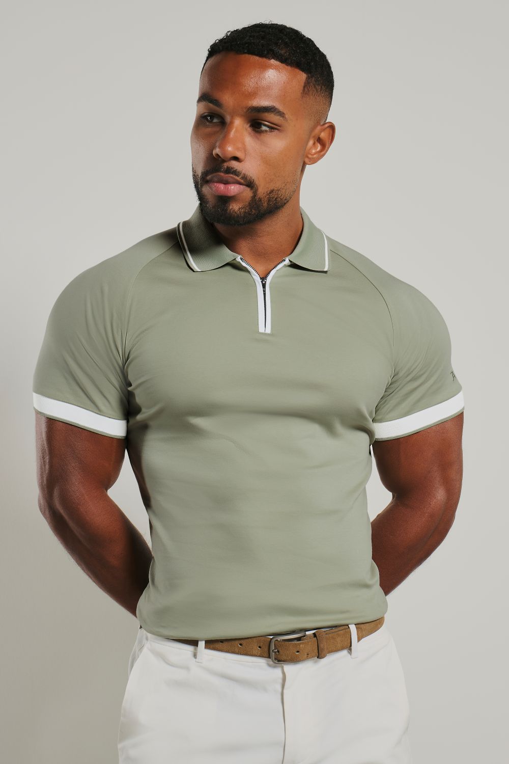 Mercerised Cotton Tipped Zip Neck Polo Shirt in Sage and White