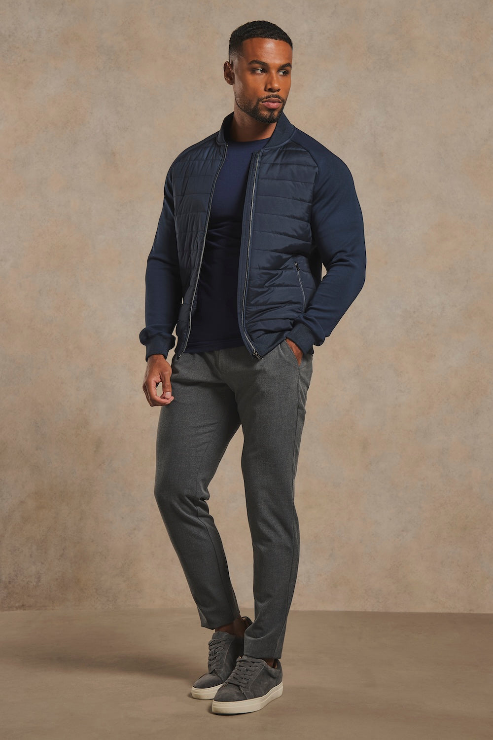 Hybrid Quilt and Jersey Zip Through Jacket in Navy