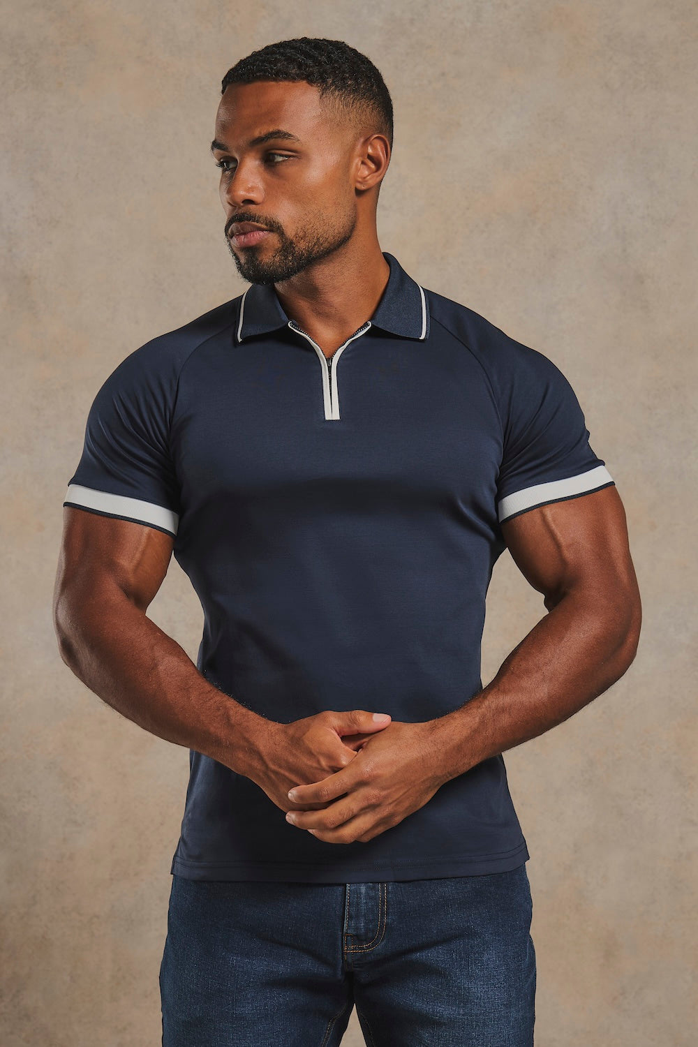 Mercerised Cotton Tipped Zip Neck Polo Shirt in Navy and White