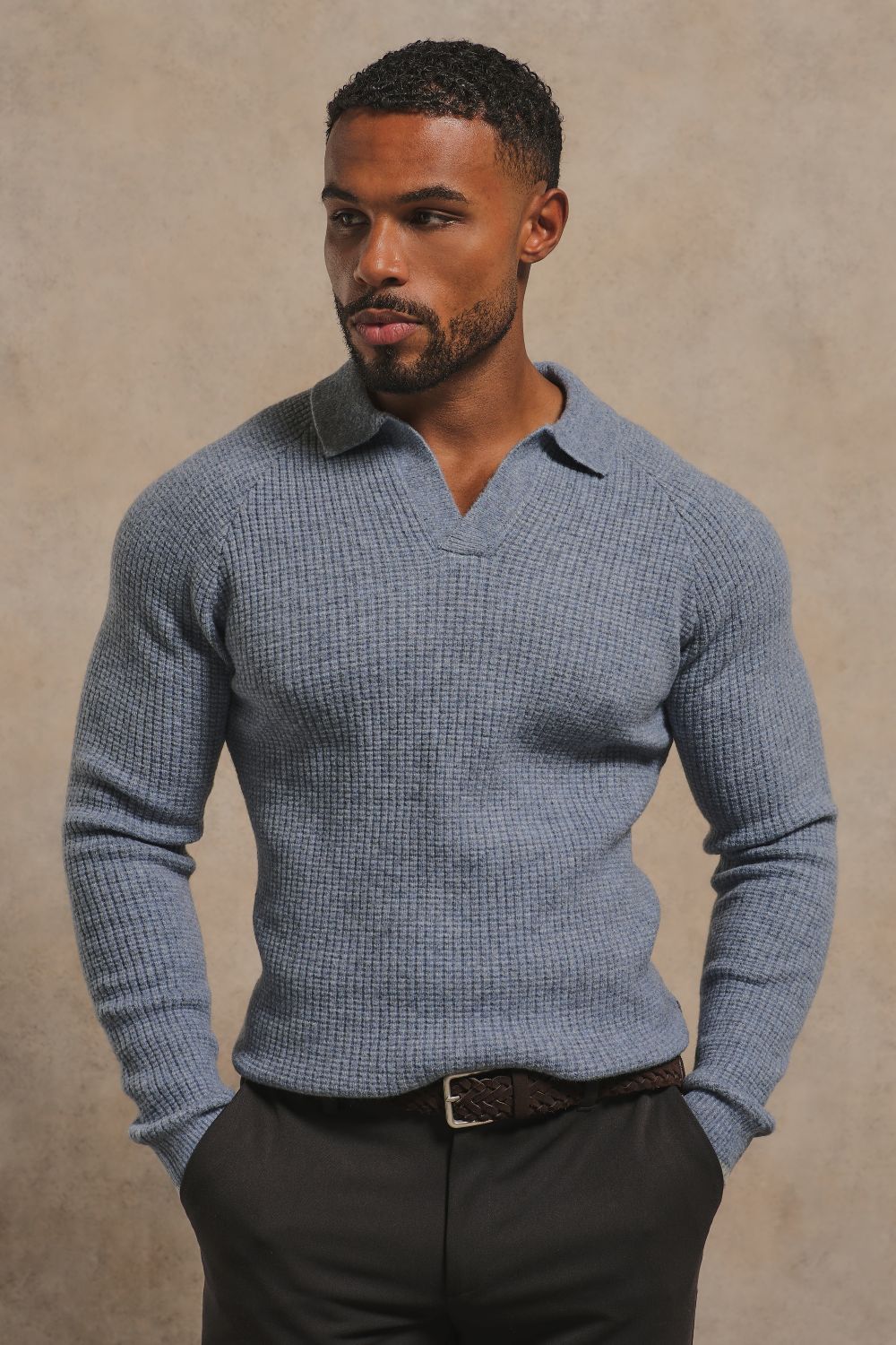 Tipped Fisherman Ribbed Open Collar Polo Shirt in Grey Blue with Light Grey Marl Tipping