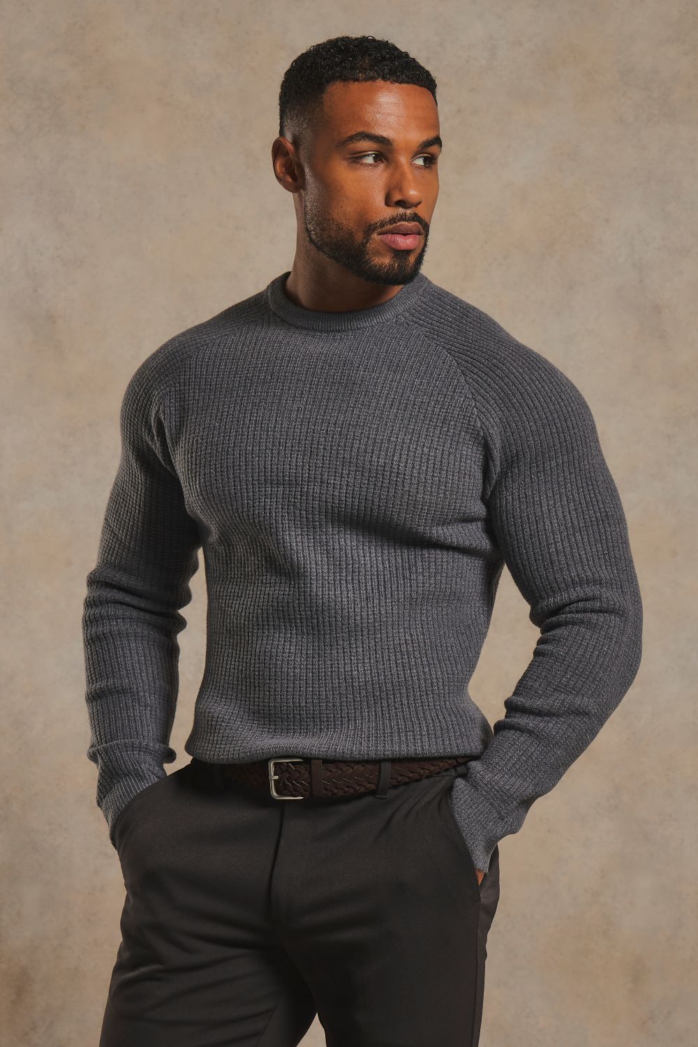 Fisherman Crew Neck Jumper in Steel Grey
