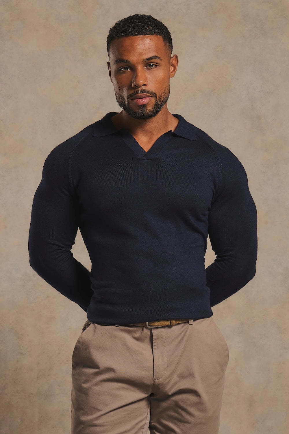 Open Collar Knitted Polo Shirt in Navy