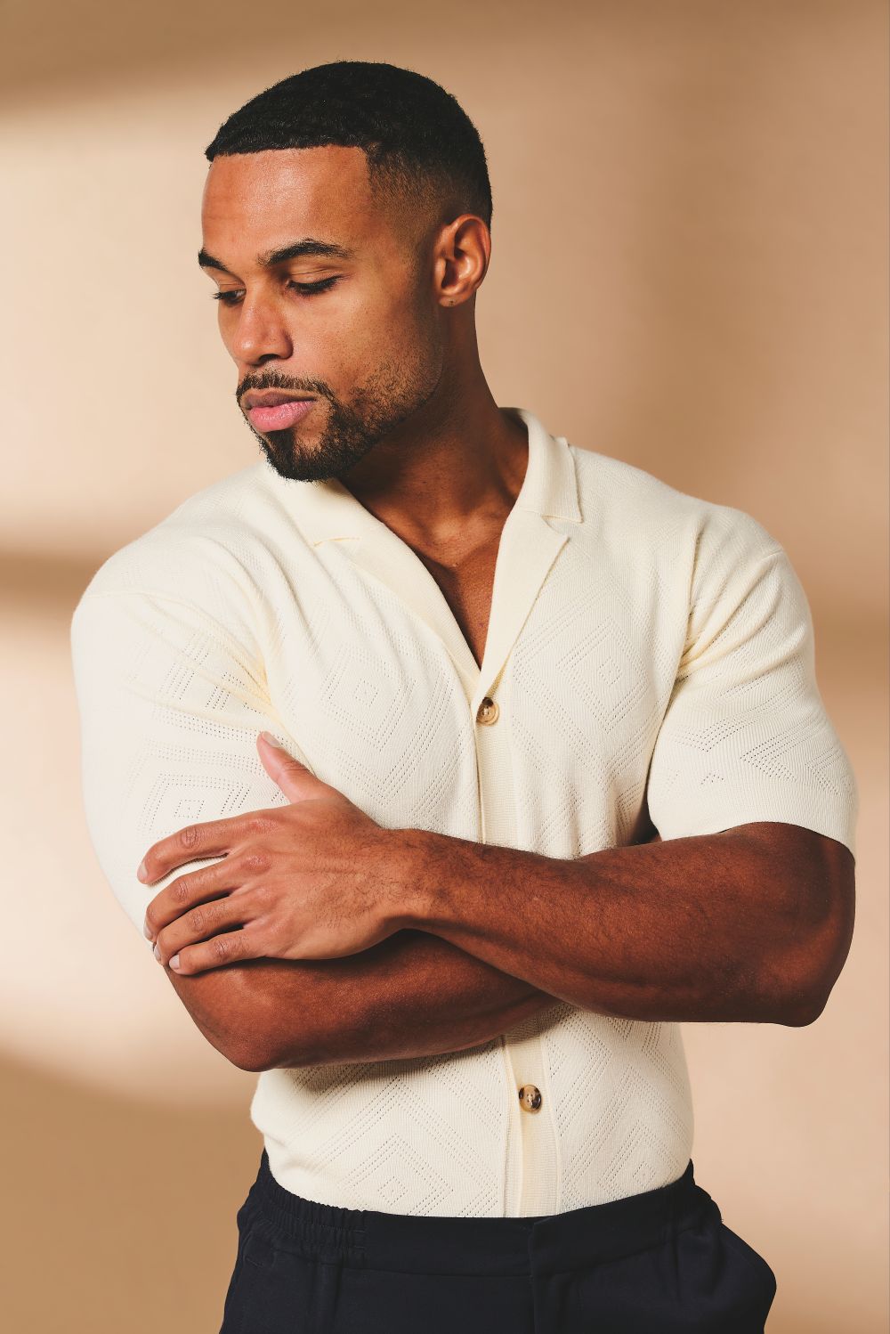 Diamond Jacquard Revere Collar Knitted Shirt in Ecru