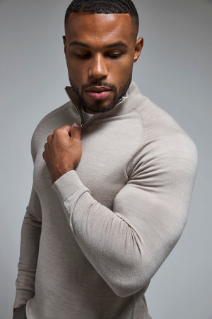 Extra Fine Merino Wool Half Zip Neck Jumper in Wheat Marl