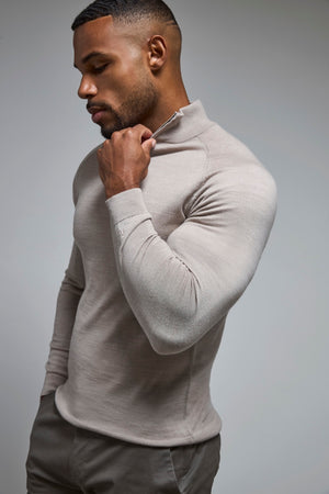 Extra Fine Merino Wool Half Zip Neck Jumper in Wheat Marl