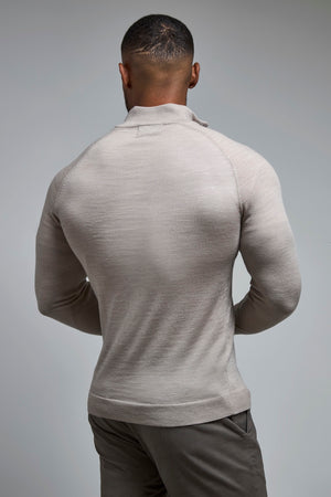 Extra Fine Merino Wool Half Zip Neck Jumper in Wheat Marl
