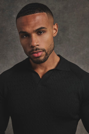 Fine Cable Knitted Polo Shirt in Black