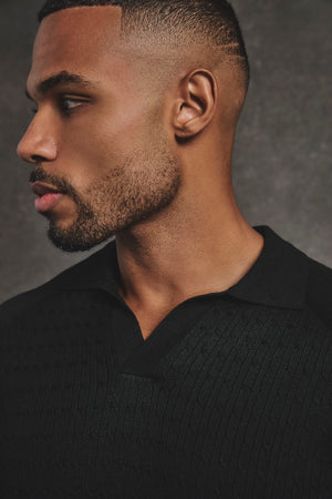 Fine Cable Knitted Polo Shirt in Black