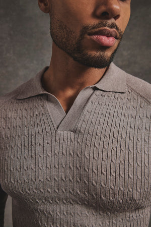 Fine Cable Knitted Polo Shirt in Neutral Marl