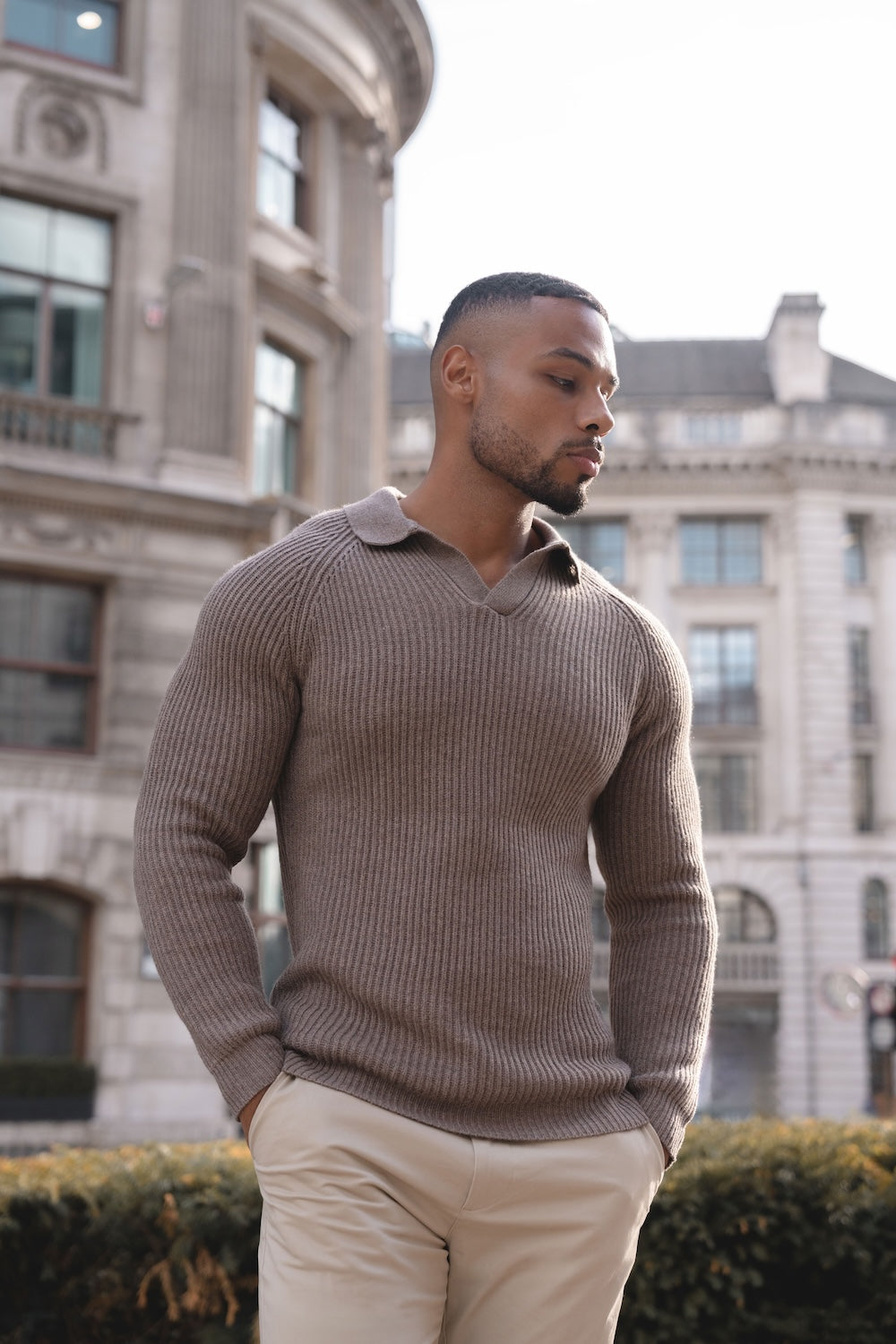 Fisherman Rib Open Collar Polo Shirt in Brown