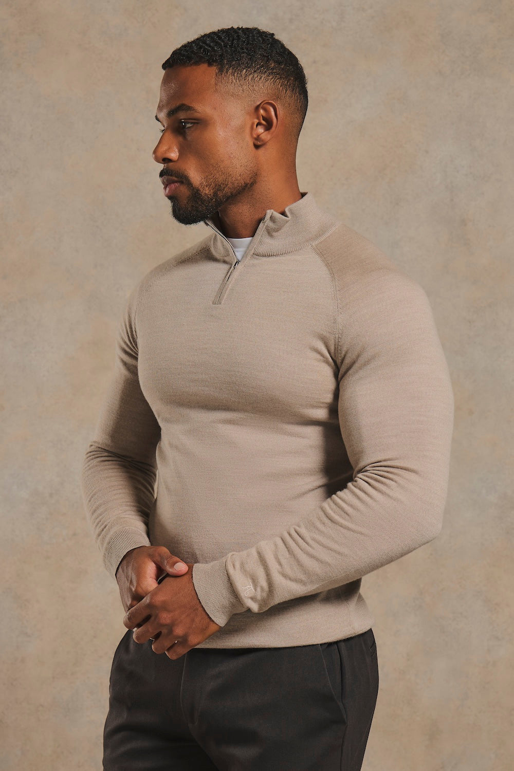 Extra Fine Merino Wool Half Zip Neck Jumper in Neutral Marl