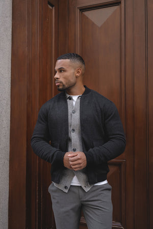Herringbone Bomber Jacket in Dark Charcoal