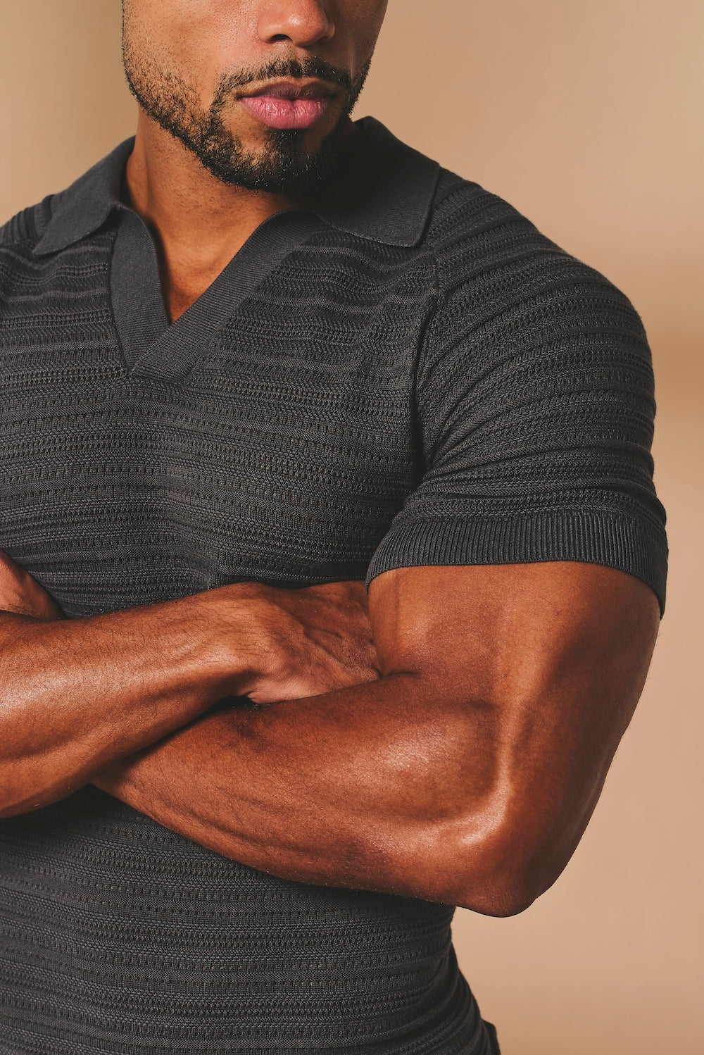 Horizontal Stripe Cotton Knitted Polo Shirt in Grey