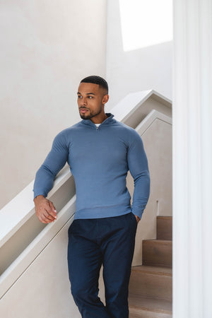 Extra Fine Merino Wool Half Zip Neck Jumper in Airforce Blue
