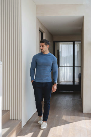 Extra Fine Merino Wool Crew Neck Jumper in Airforce Blue