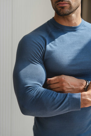 Extra Fine Merino Wool Crew Neck Jumper in Airforce Blue