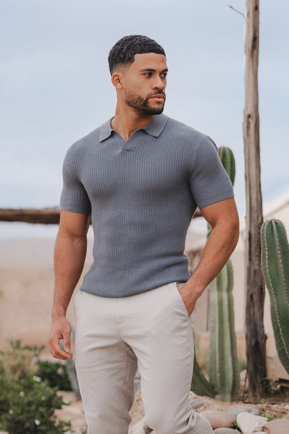 Textured Open Collar Knit Polo in Sage - TAILORED ATHLETE - ROW