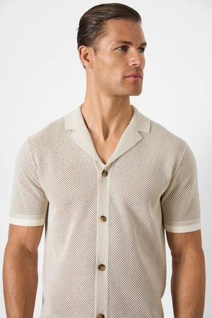 Open Stitch Cuban Collar Knitted Shirt in Stone - TAILORED ATHLETE - ROW
