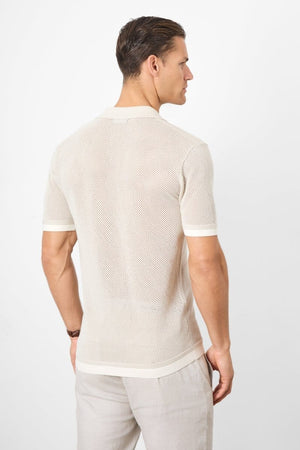 Open Stitch Cuban Collar Knitted Shirt in Stone - TAILORED ATHLETE - ROW
