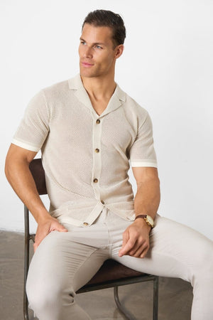 Open Stitch Cuban Collar Knitted Shirt in Stone - TAILORED ATHLETE - ROW