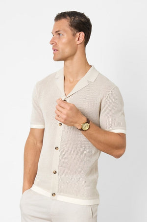 Open Stitch Cuban Collar Knitted Shirt in Stone - TAILORED ATHLETE - ROW