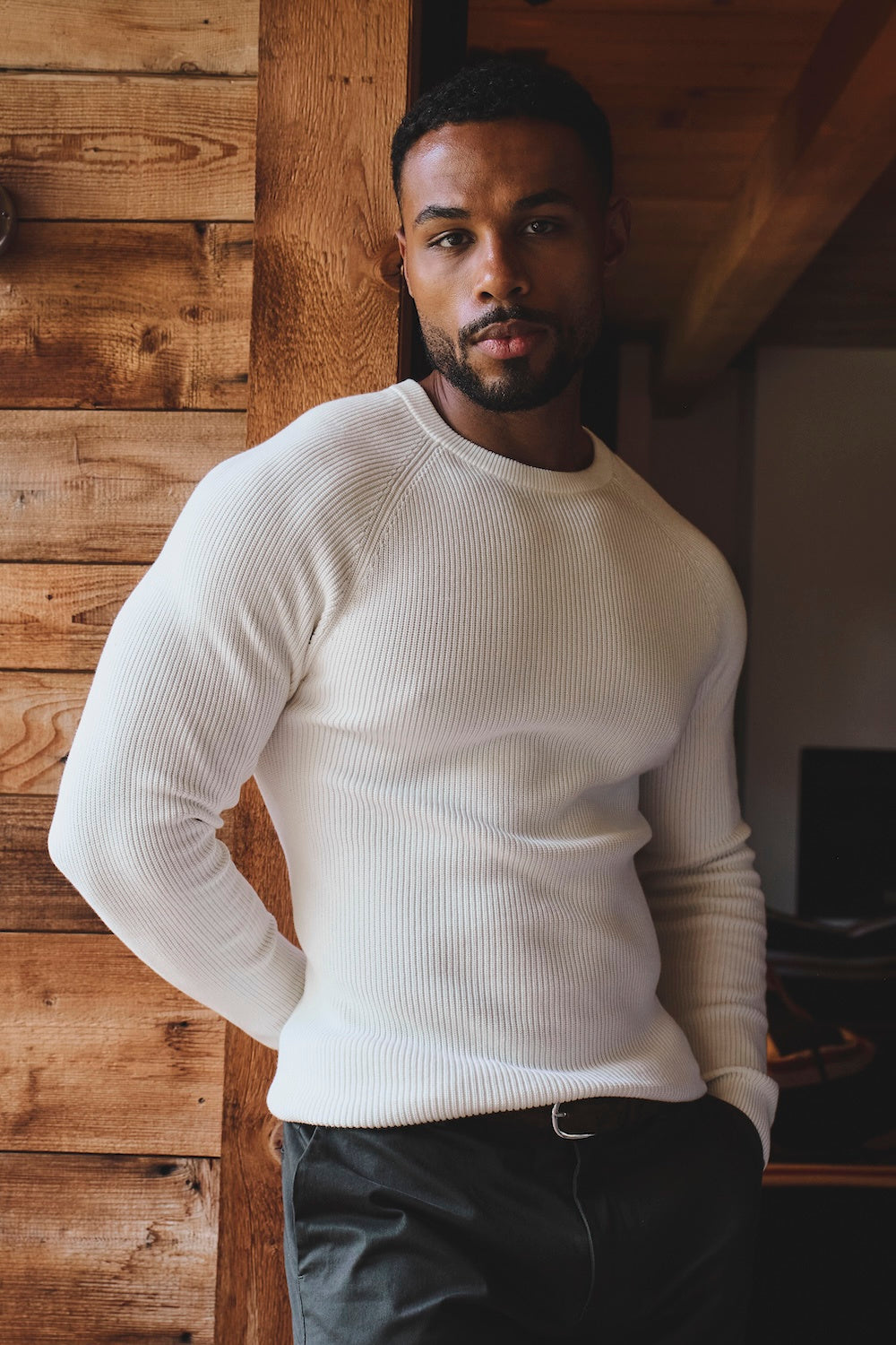 Pure Cotton Knitted Textured Crew Neck Jumper in Winter White