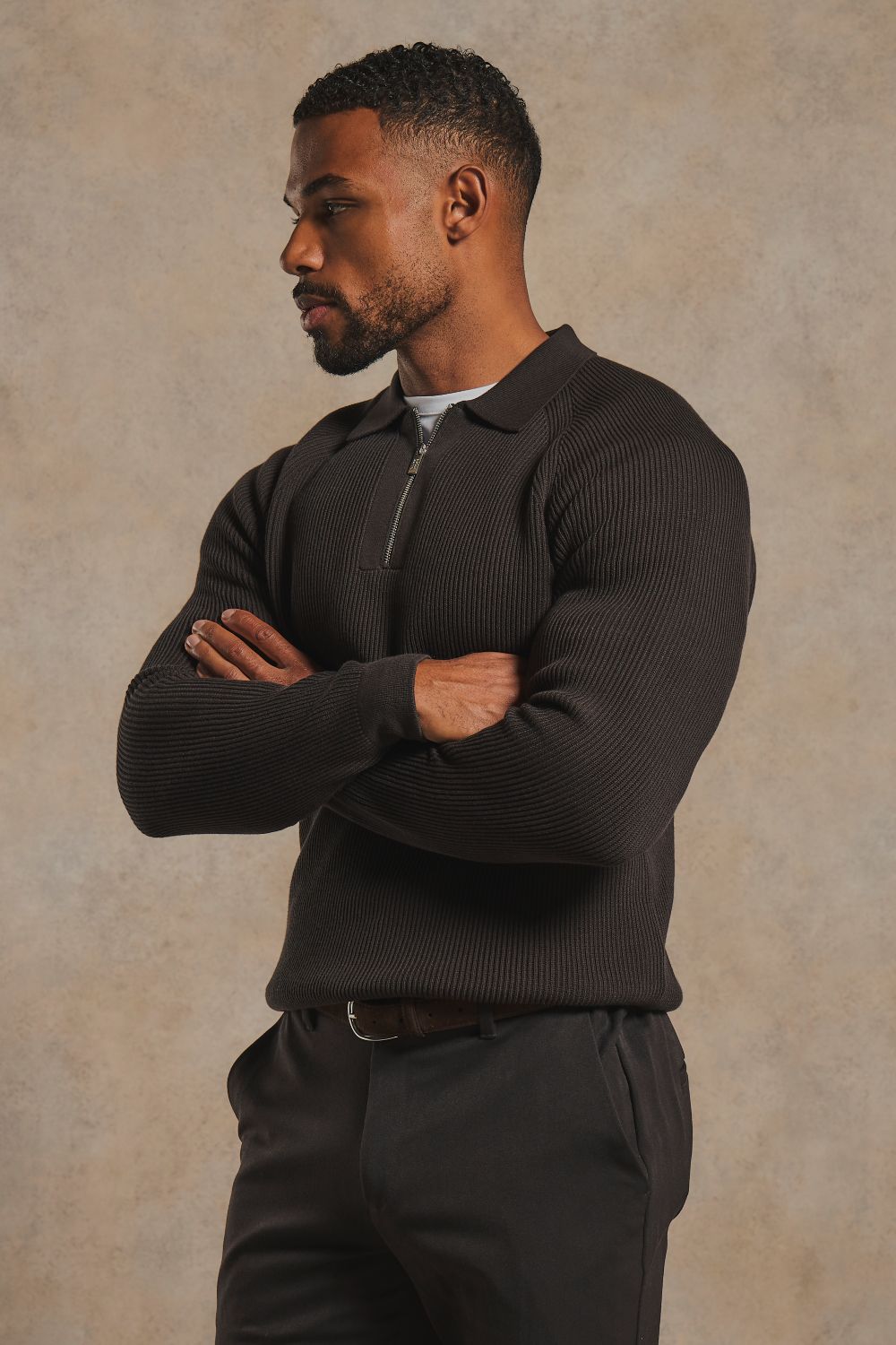Cotton Textured Knitted Half Zip Polo Shirt in Chocolate