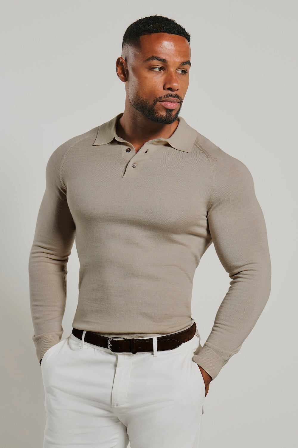 Extra Fine Merino Wool Polo Shirt in Neutral Marl