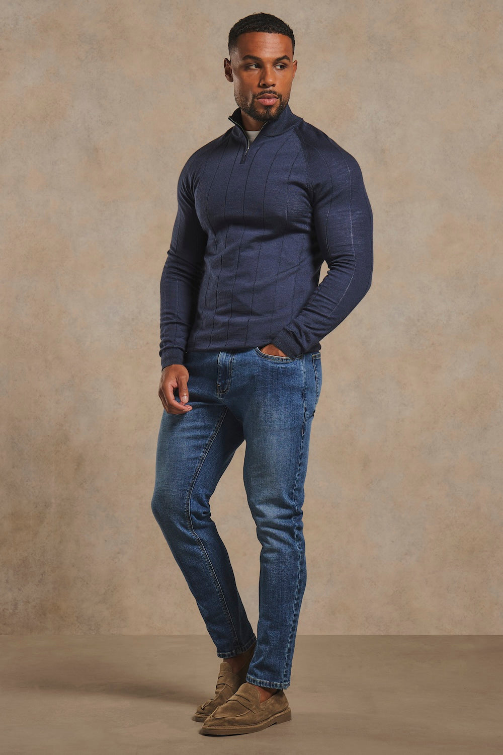 Extra Fine Merino Wool Ribbed Half Zip Neck Jumper in Midnight Navy