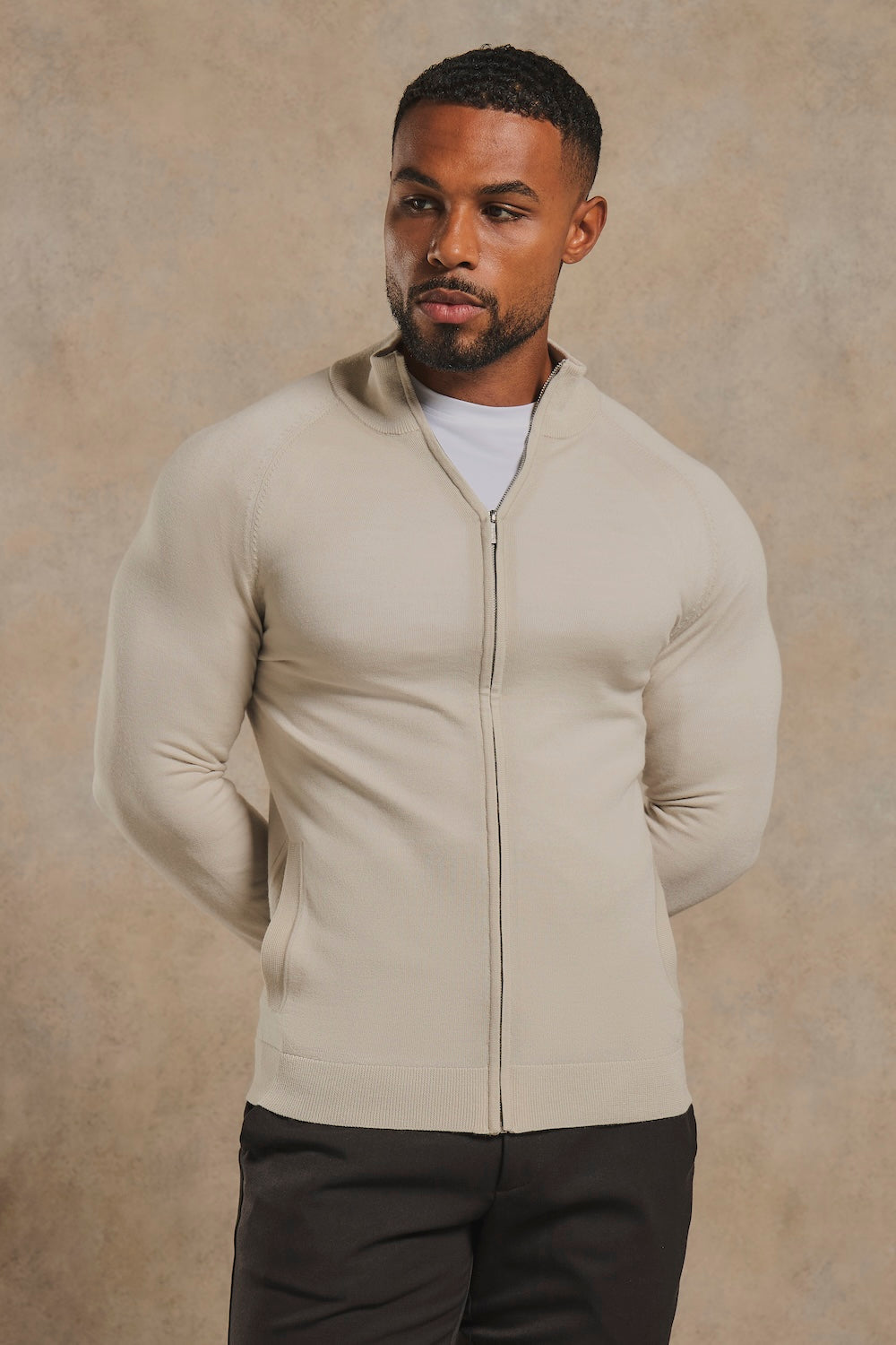 Extra Fine Merino Wool Knitted Zip Through in Alabaster