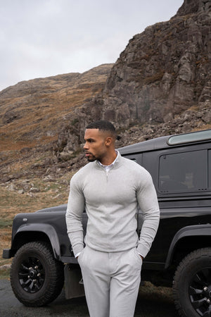 Pure Cotton Knitted Half Zip Neck Jumper in Silver Grey Marl