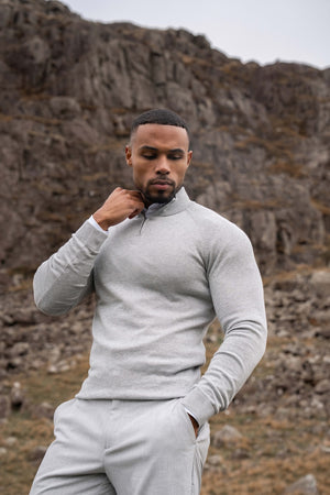 Pure Cotton Knitted Half Zip Neck Jumper in Silver Grey Marl
