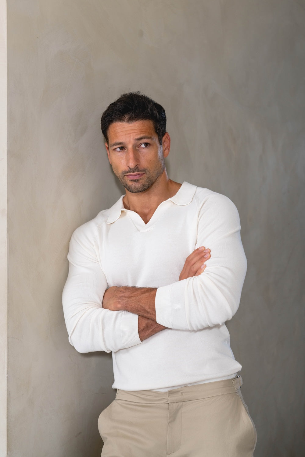 Pure Cotton Knitted Open Collar Polo Shirt in Winter White