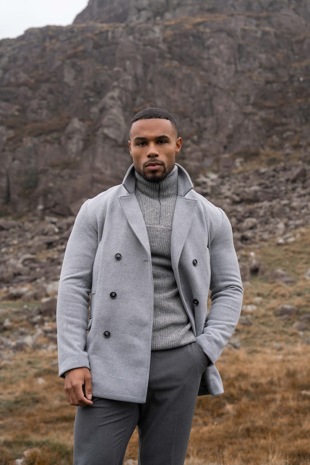Double Breasted Herringbone Peacoat in Soft Grey