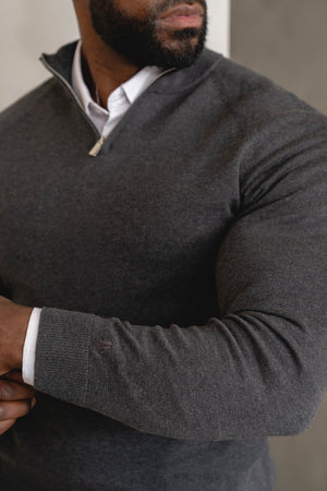 Pure Cotton Knitted Half Zip Neck Jumper in Dark Charcoal Marl
