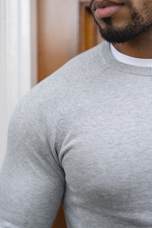 Pure Cotton Knitted Crew Neck Jumper in Silver Grey Marl