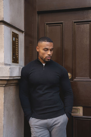 Pure Cotton Knitted Half Zip Neck Jumper in Black