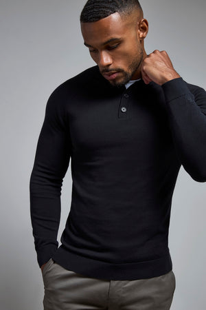 Pure Cotton Knitted Button Neck Jumper in Black