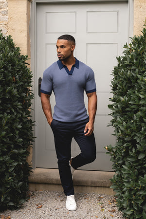 Contrast Textured Knitted Polo Shirt in Slate Blue