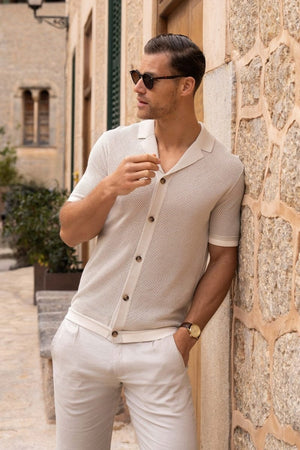 Open Stitch Cuban Collar Knitted Shirt in Stone - TAILORED ATHLETE - ROW