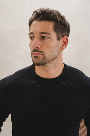 Pure Cotton Knitted Textured Crew Neck Jumper in Black