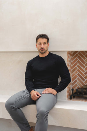 Pure Cotton Knitted Textured Crew Neck Jumper in Black