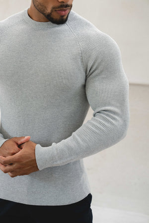 Pure Cotton Knitted Textured Crew Neck Jumper in Silver Grey Marl