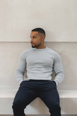 Pure Cotton Knitted Textured Crew Neck Jumper in Silver Grey Marl